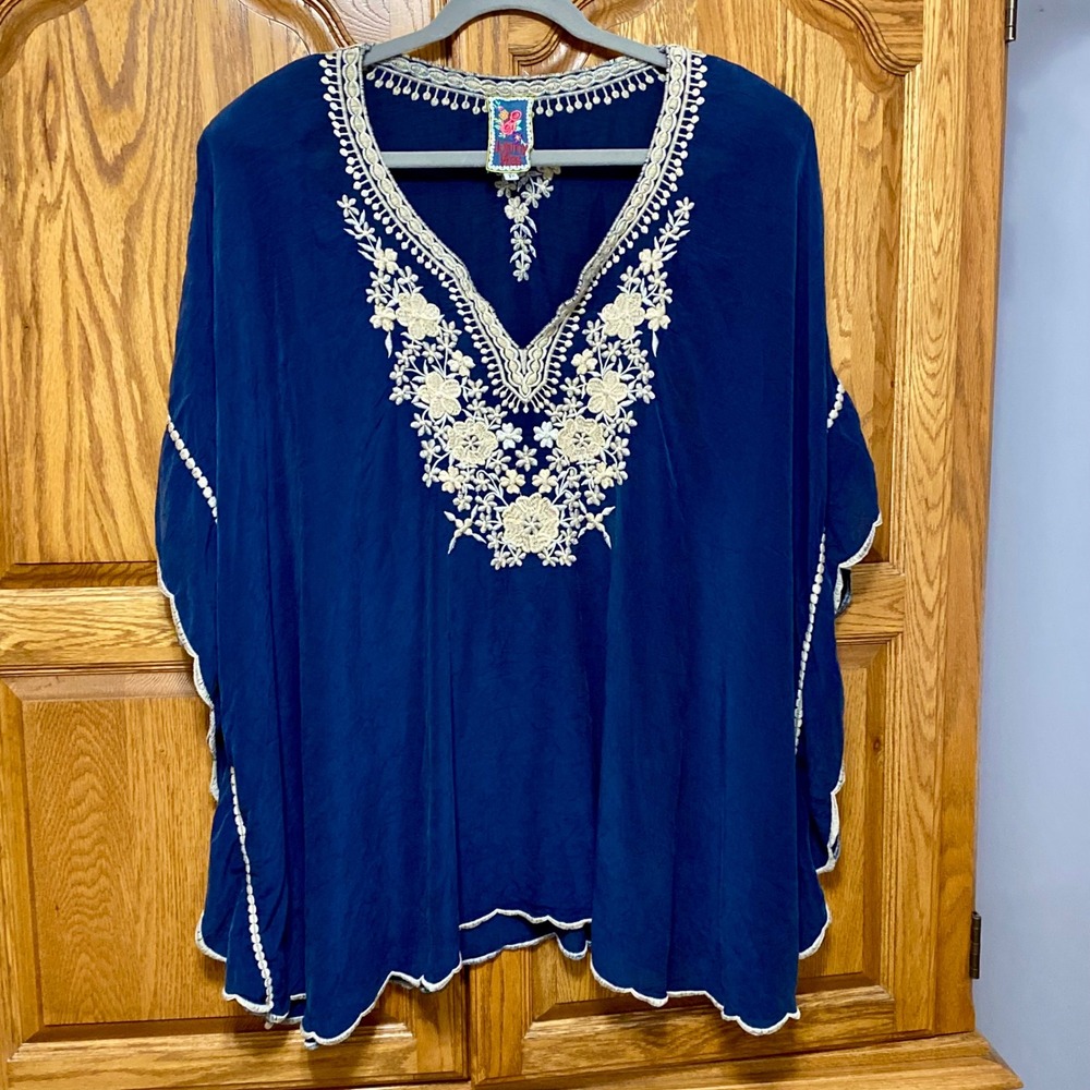 Johnny Was Tunic Womens 3X Blue Cream Embroidered Georgette Poncho Blouse Top